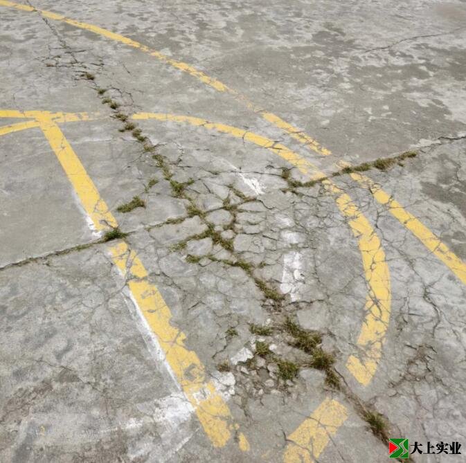 籃球場(chǎng)地面已開裂，并長(zhǎng)出雜草。